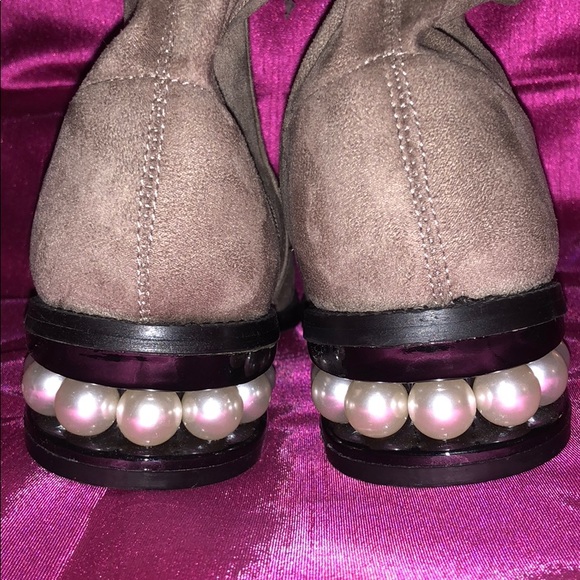 OTK taupe/ tan stretch boots with PEARLS in heels! - Picture 7 of 13